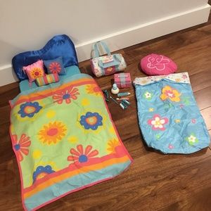 18” doll Bed and Sleepover Set with bedding and sleeping bag